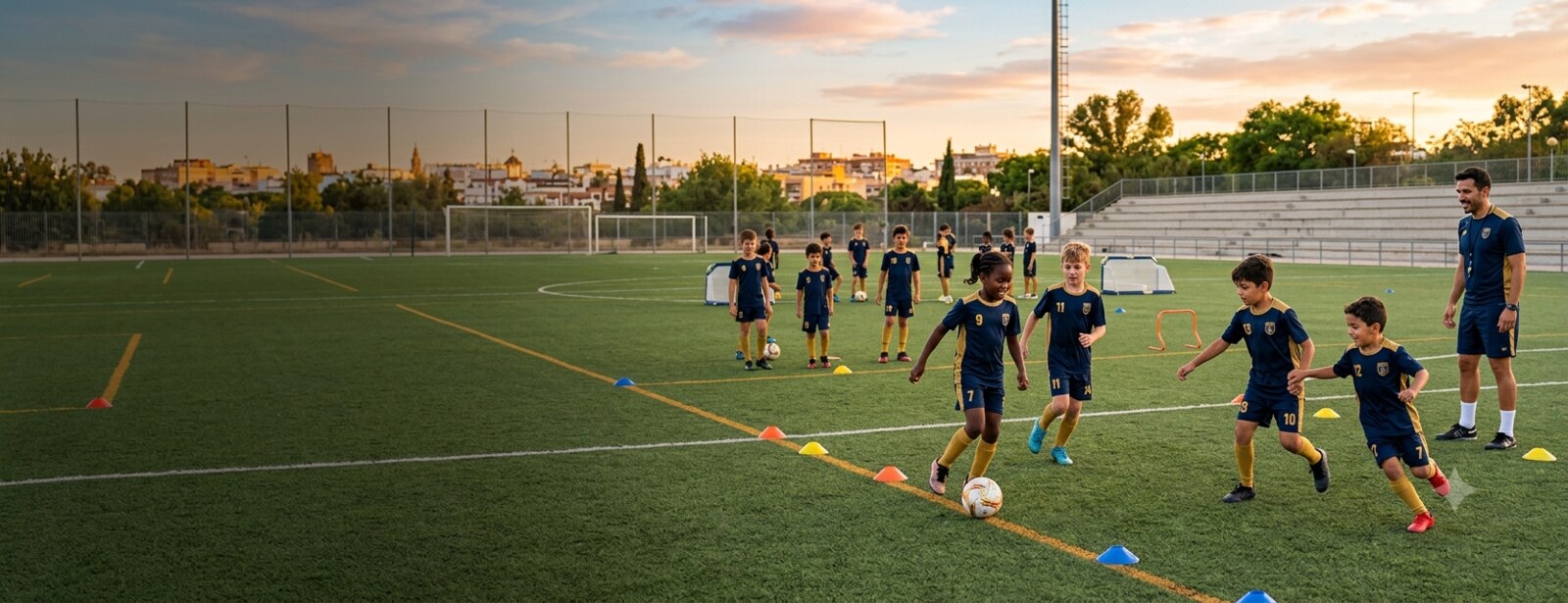 Niños de la escuela de fútbol entrenando al atardecer