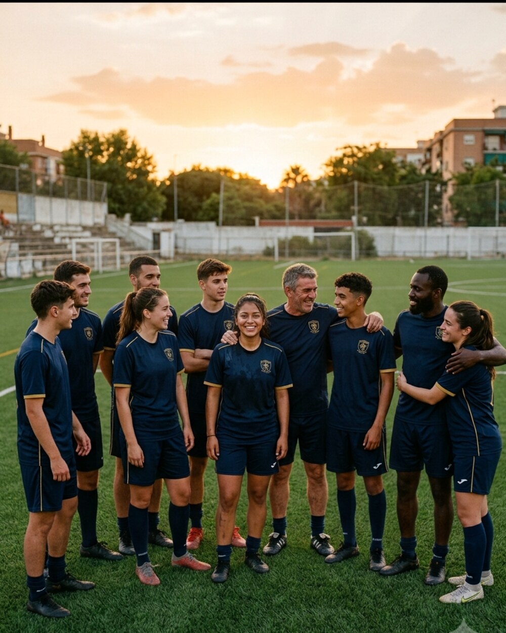 Grupo del club celebrando en el campo al atardecer